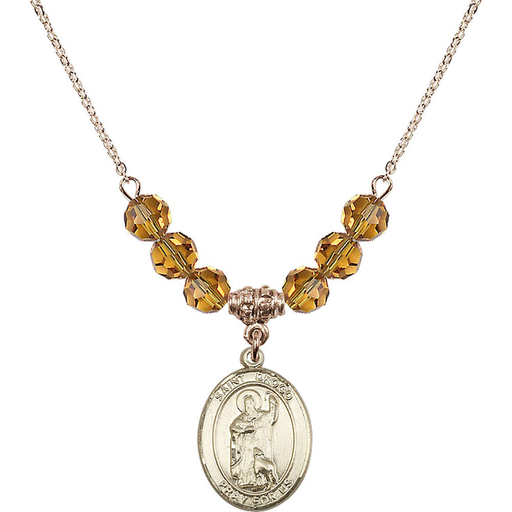 14kt Gold Filled Saint Drogo Birthstone Necklace with Topaz Beads