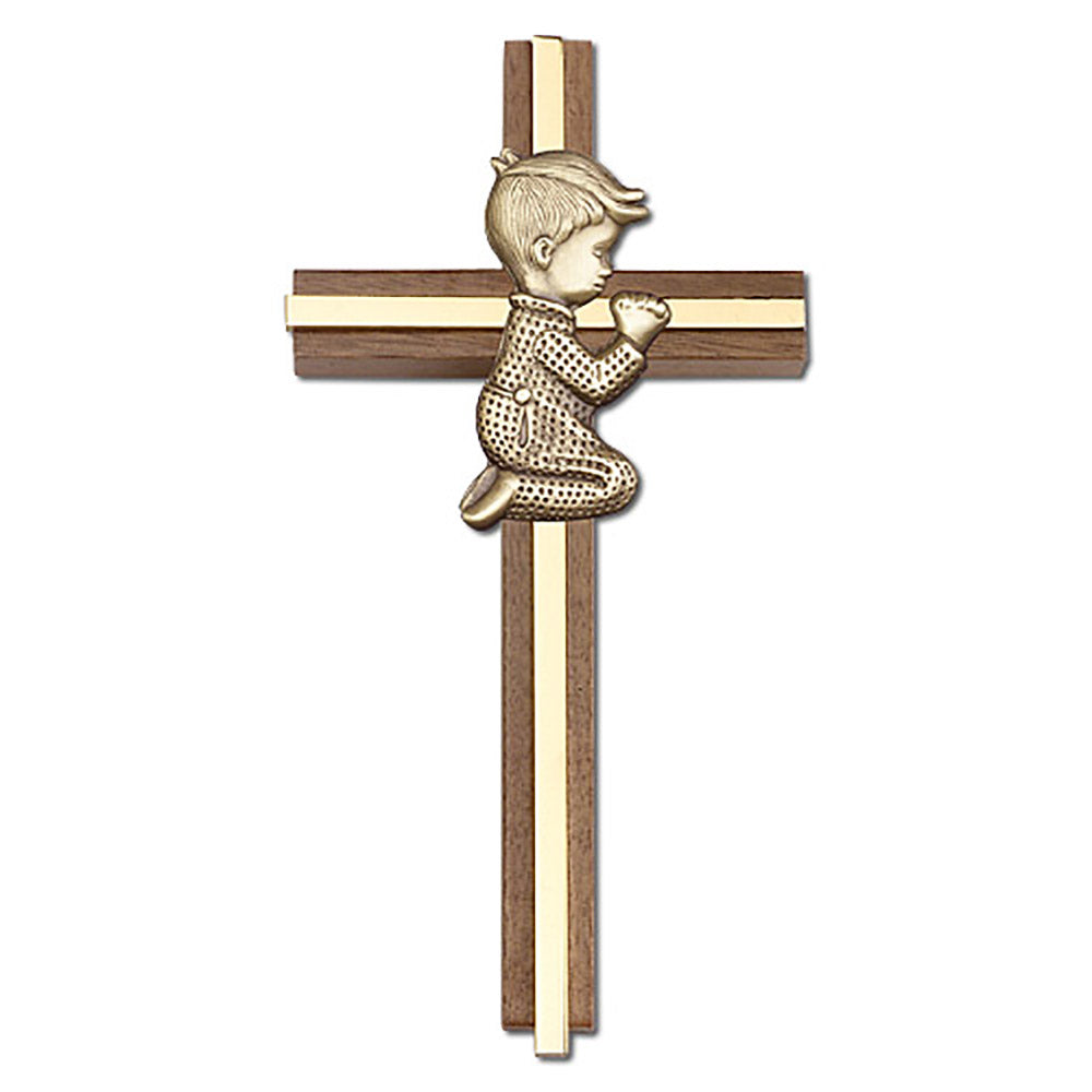 6 inch Praying Boy Cross, Walnut w/ Antique Gold inlay - 5065G/G