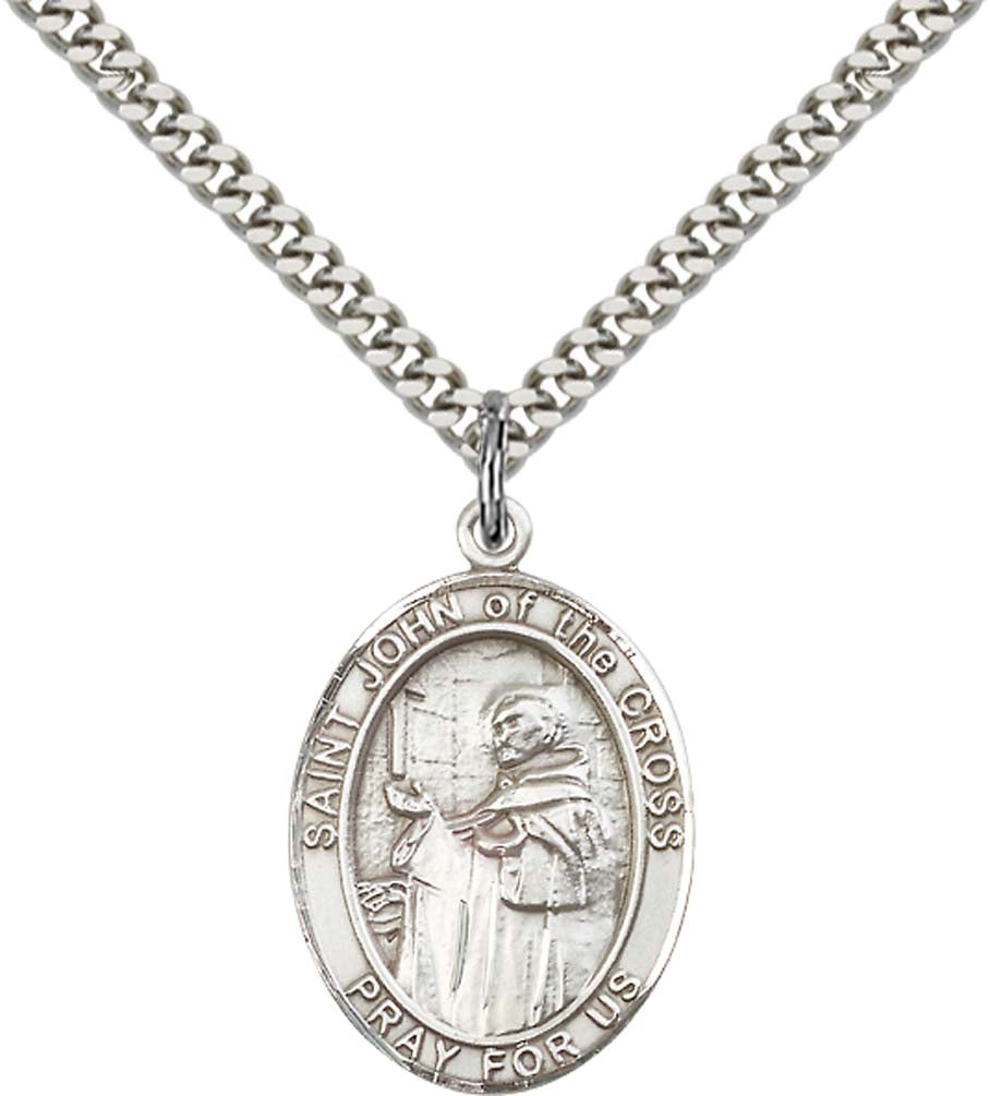 Sterling Silver St. John of the Cross Pendant with 24 Inch Light Rhodium Heavy Curb Chain