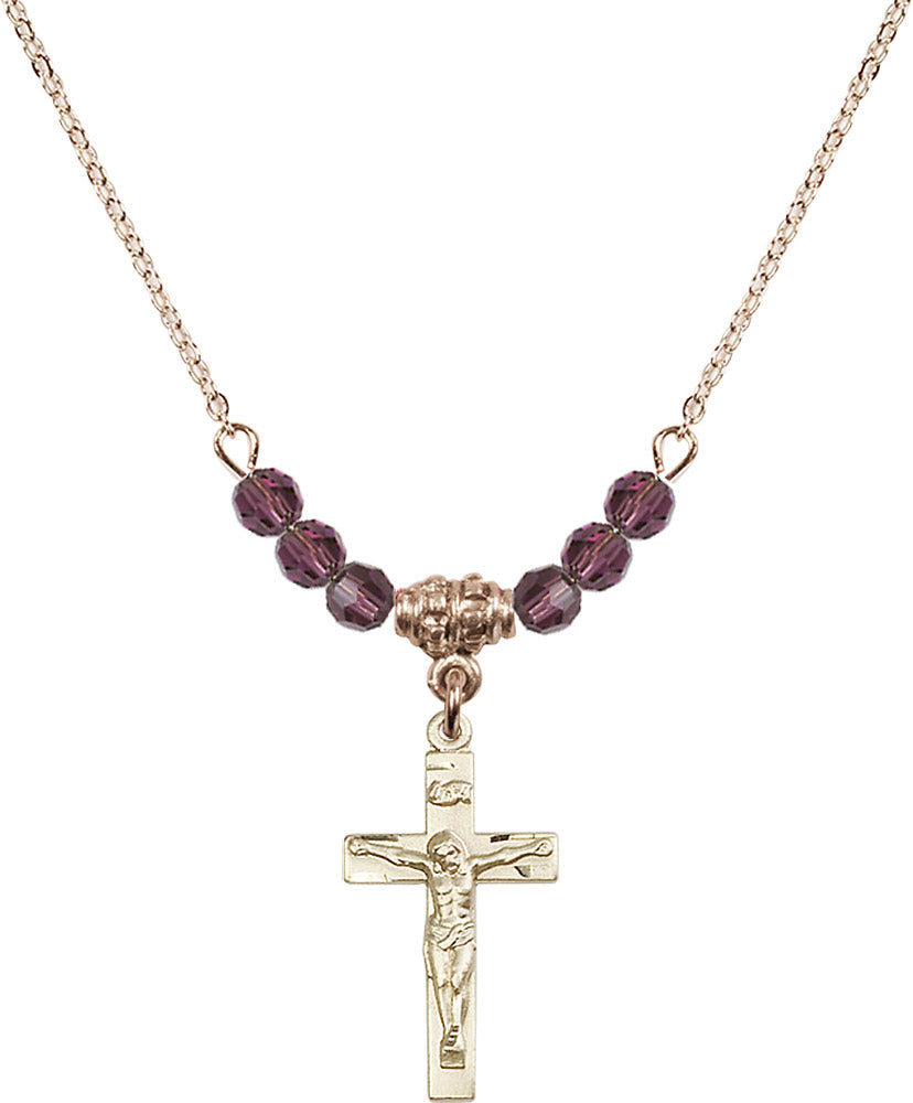 14kt Gold Filled Crucifix Birthstone Necklace with Amethyst Beads - 0001