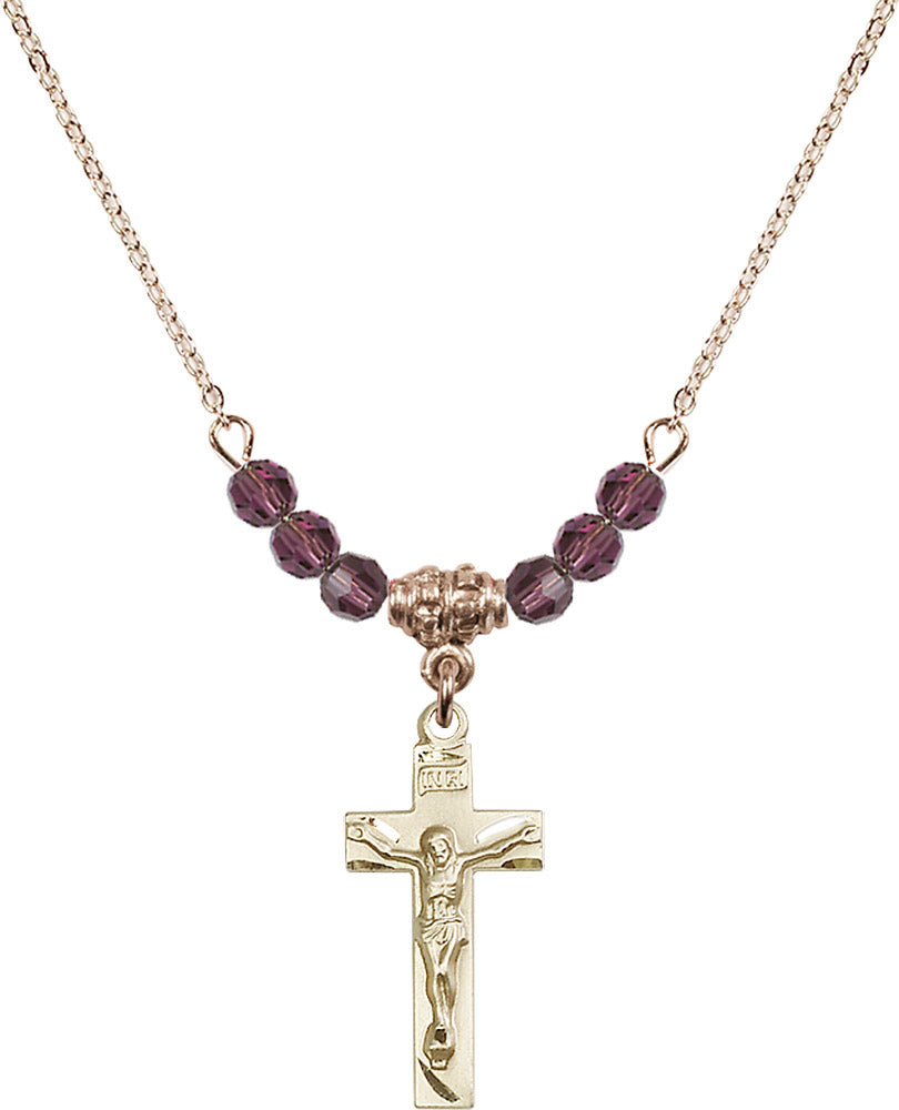 14kt Gold Filled Crucifix Birthstone Necklace with Amethyst Beads - 0006