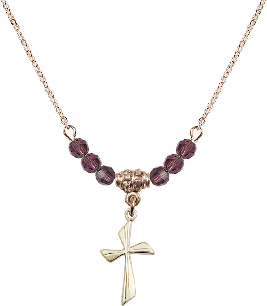 14kt Gold Filled Cross Birthstone Necklace with Amethyst Beads - 0016