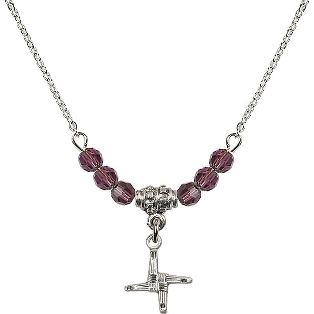 Sterling Silver Saint Brigid Cross Birthstone Necklace with Amethyst Beads - 0291