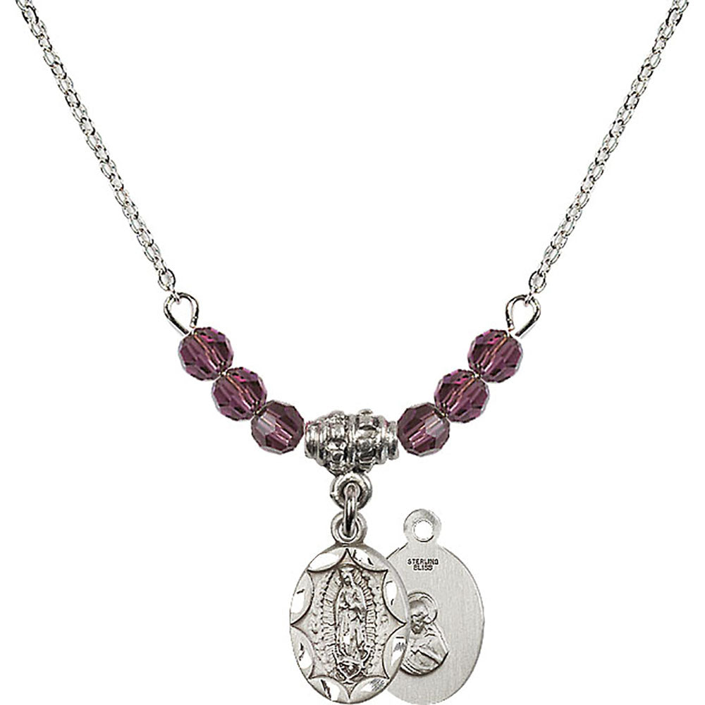 Sterling Silver Our Lady of Guadalupe Birthstone Necklace with Amethyst Beads - 0301