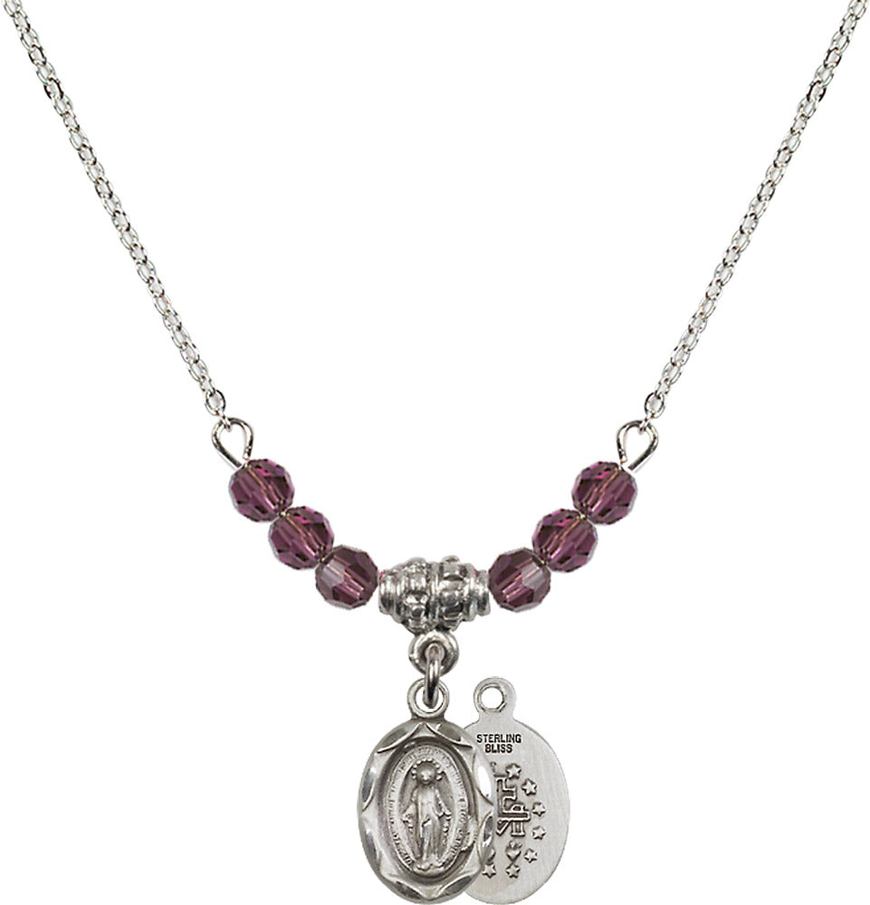 Sterling Silver Miraculous Birthstone Necklace with Amethyst Beads - 0301