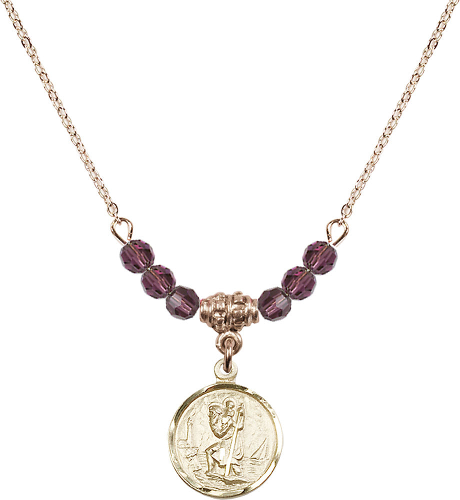 14kt Gold Filled Saint Christopher Birthstone Necklace with Amethyst Beads - 0601