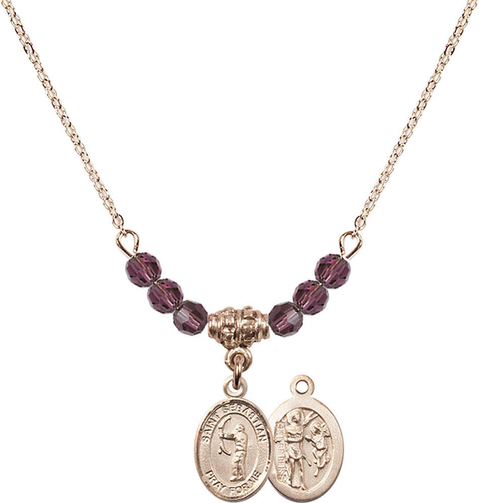 14kt Gold Filled Saint Sebastian / Archery Birthstone Necklace with Amethyst Beads - 9189