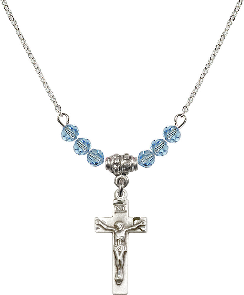 Sterling Silver Crucifix Birthstone Necklace with Aqua Beads - 0006