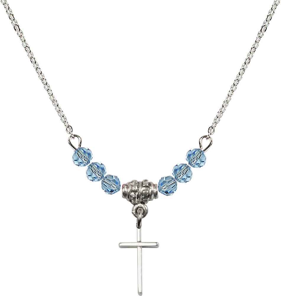 Sterling Silver Cross Birthstone Necklace with Aqua Beads - 0014