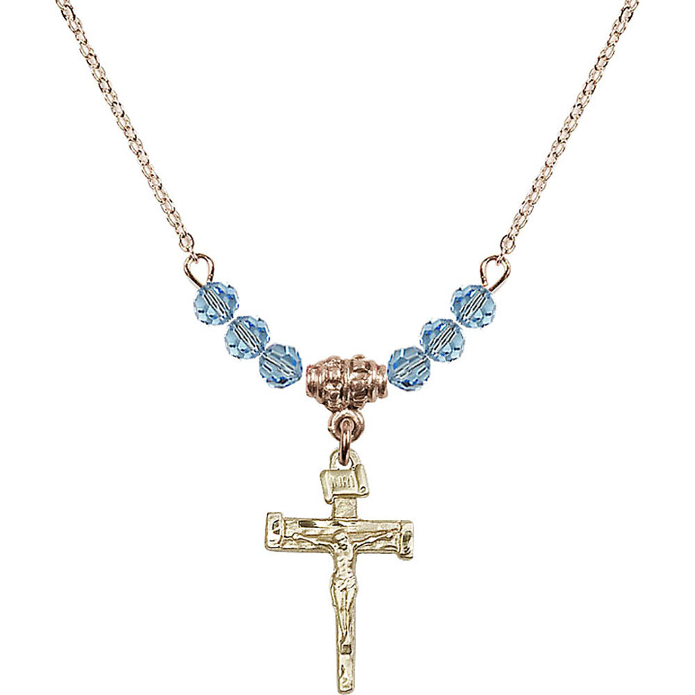 14kt Gold Filled Nail Crucifix Birthstone Necklace with Aqua Beads - 0072