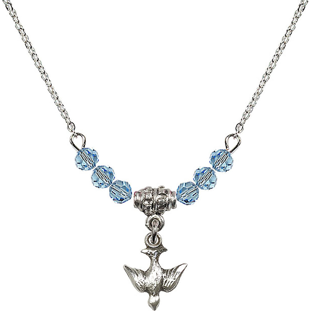 Sterling Silver Holy Spirit Birthstone Necklace with Aqua Beads - 0208