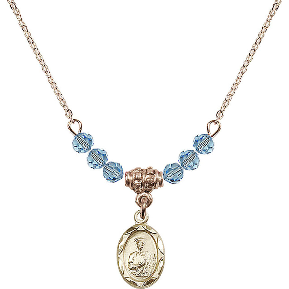 14kt Gold Filled Saint Jude Birthstone Necklace with Aqua Beads - 0301