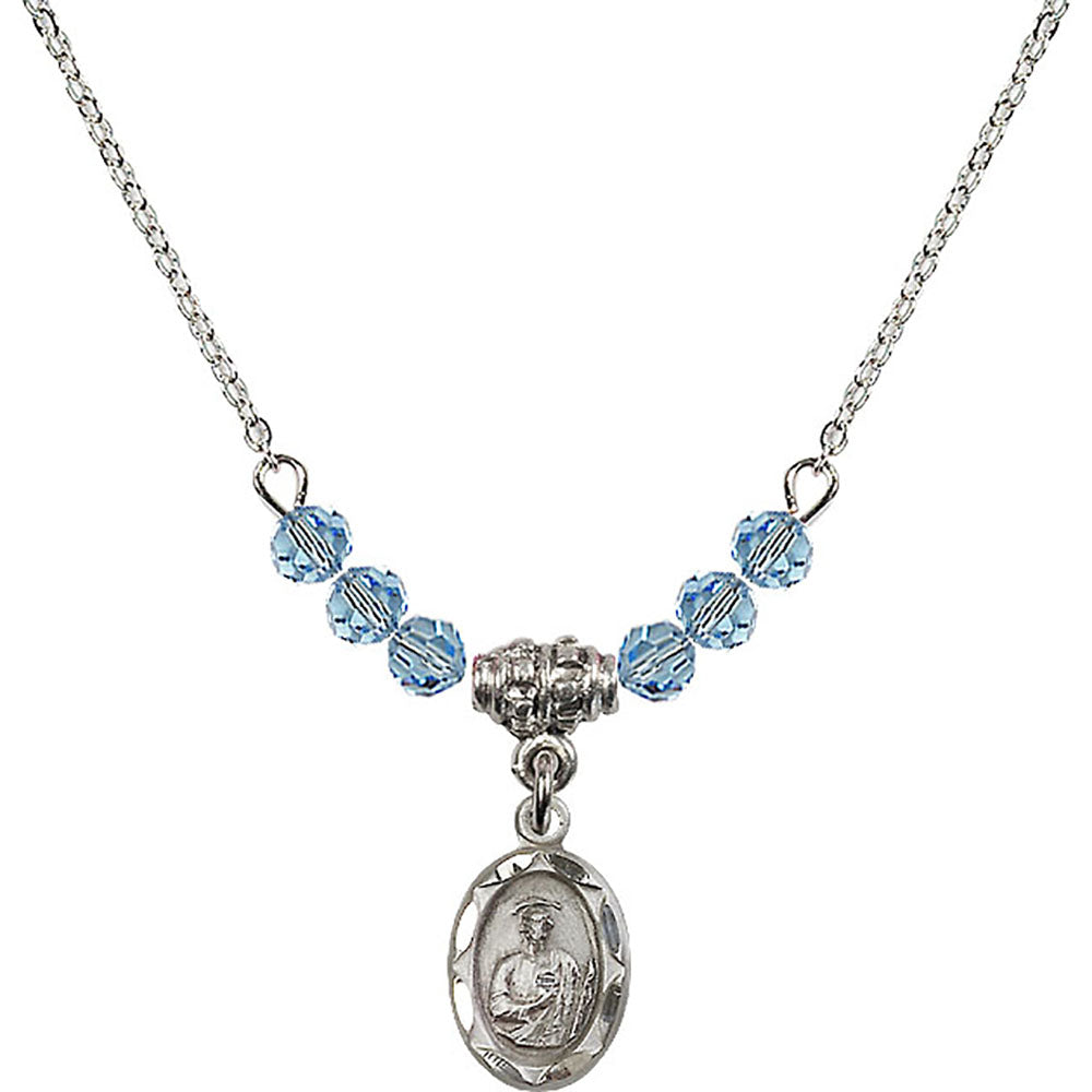 Sterling Silver Saint Jude Birthstone Necklace with Aqua Beads - 0301