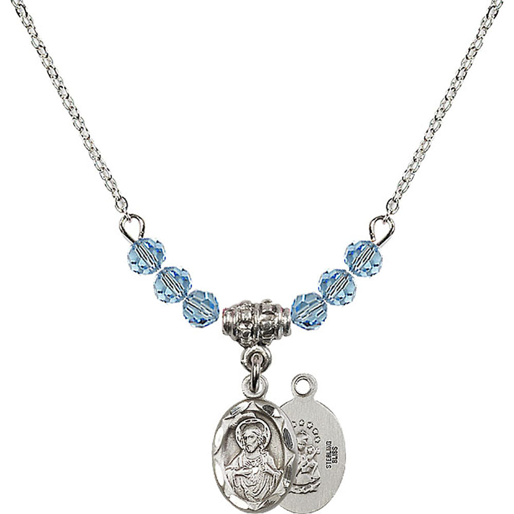 Sterling Silver Scapular Birthstone Necklace with Aqua Beads - 0301