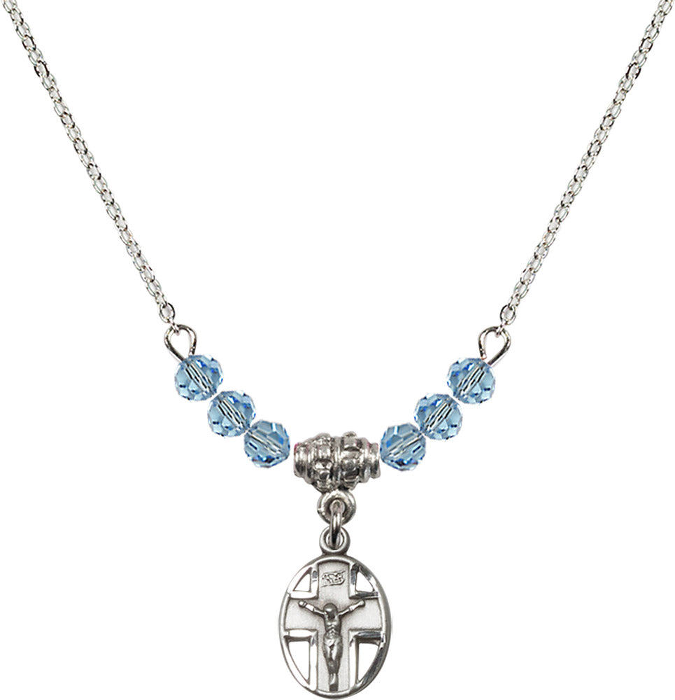 Sterling Silver Crucifix Birthstone Necklace with Aqua Beads - 0978