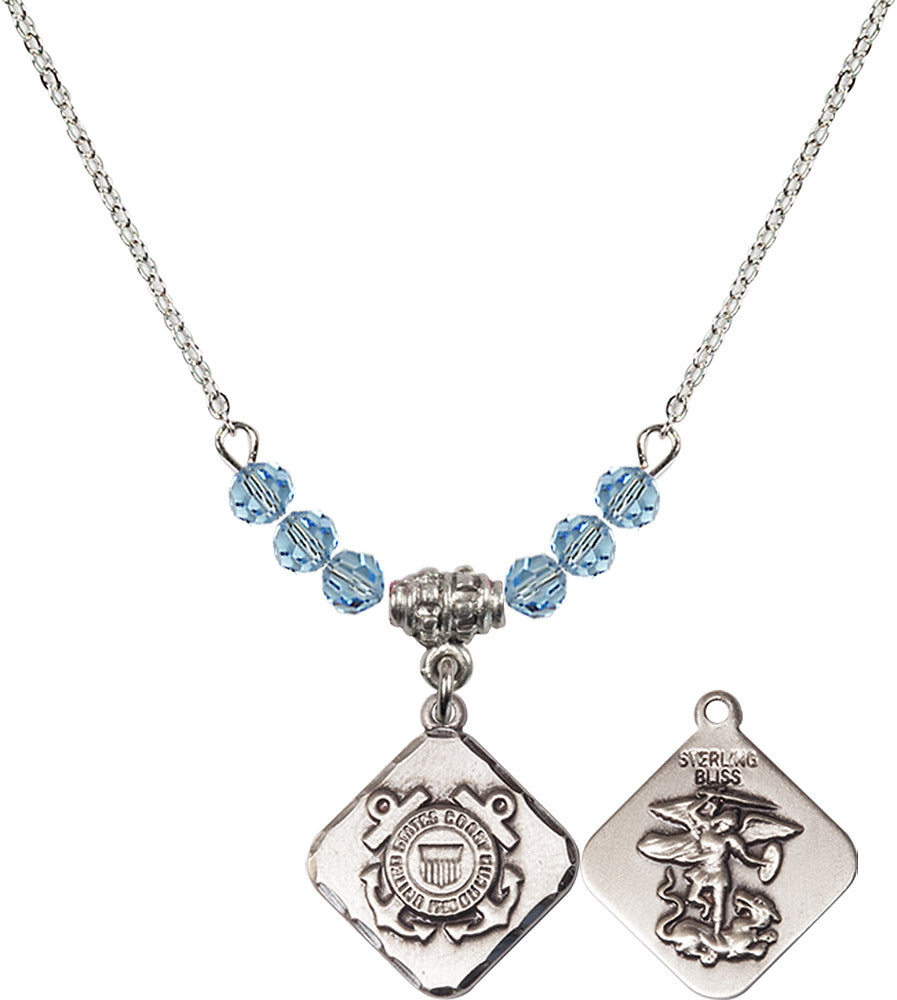 Sterling Silver Coast Guard Diamond Birthstone Necklace with Aqua Beads - 1180