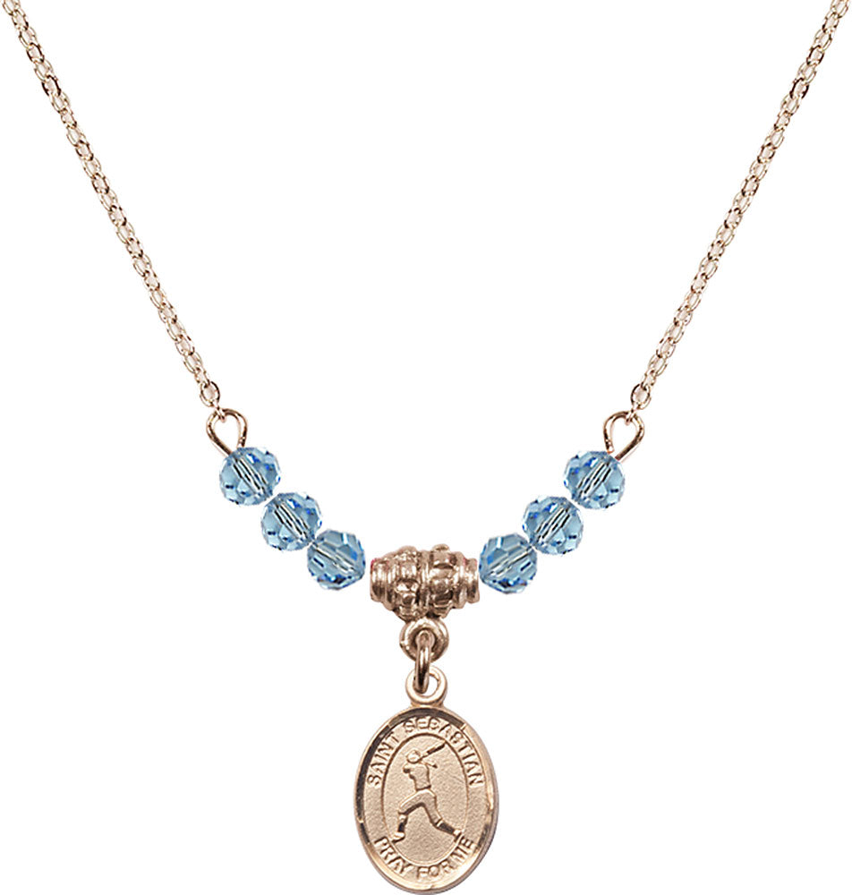 14kt Gold Filled Saint Sebastian/Softball Birthstone Necklace with Aqua Beads - 9183