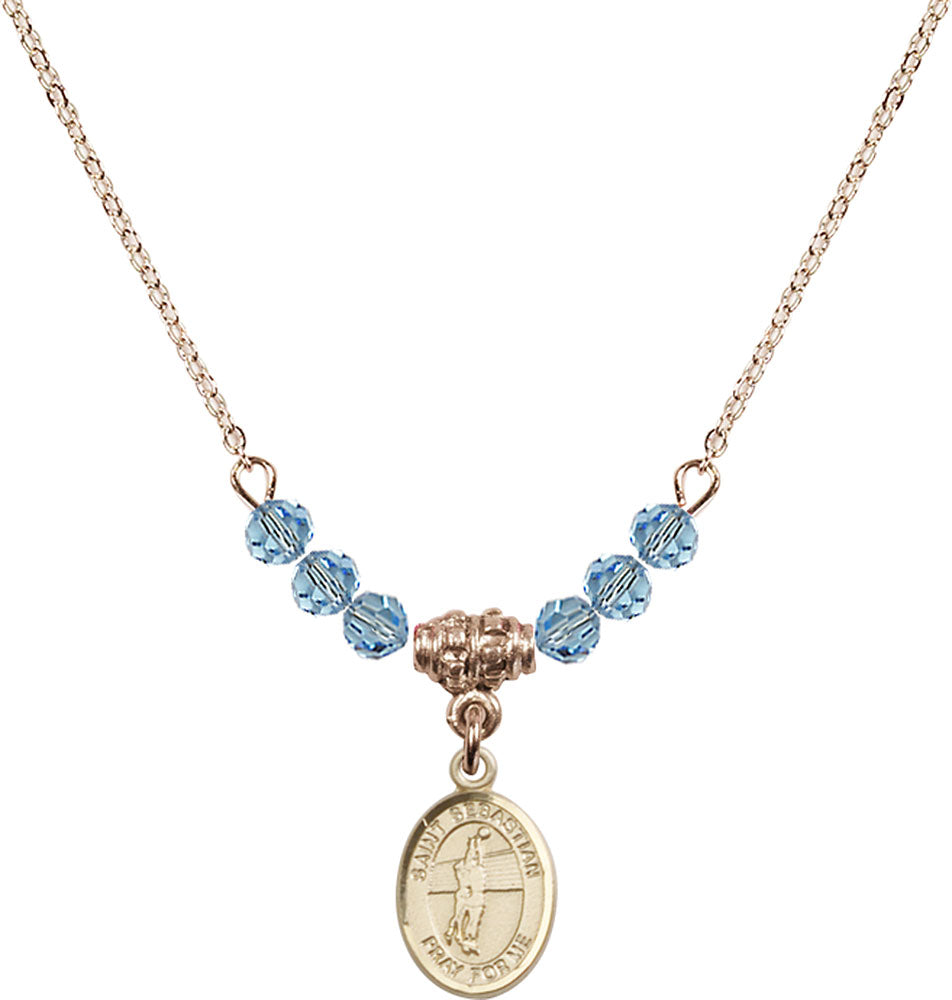 14kt Gold Filled Saint Sebastian / Volleyball Birthstone Necklace with Aqua Beads - 9186