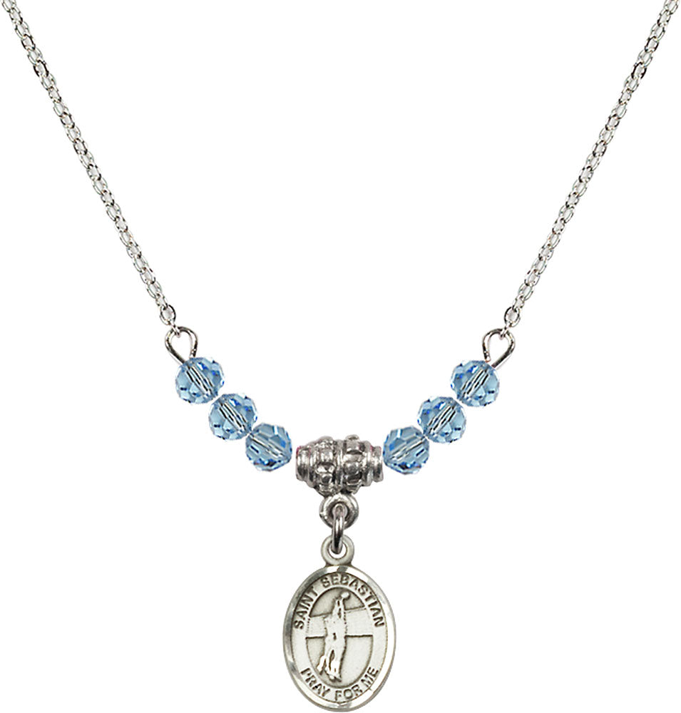 Sterling Silver Saint Sebastian / Volleyball Birthstone Necklace with Aqua Beads - 9186