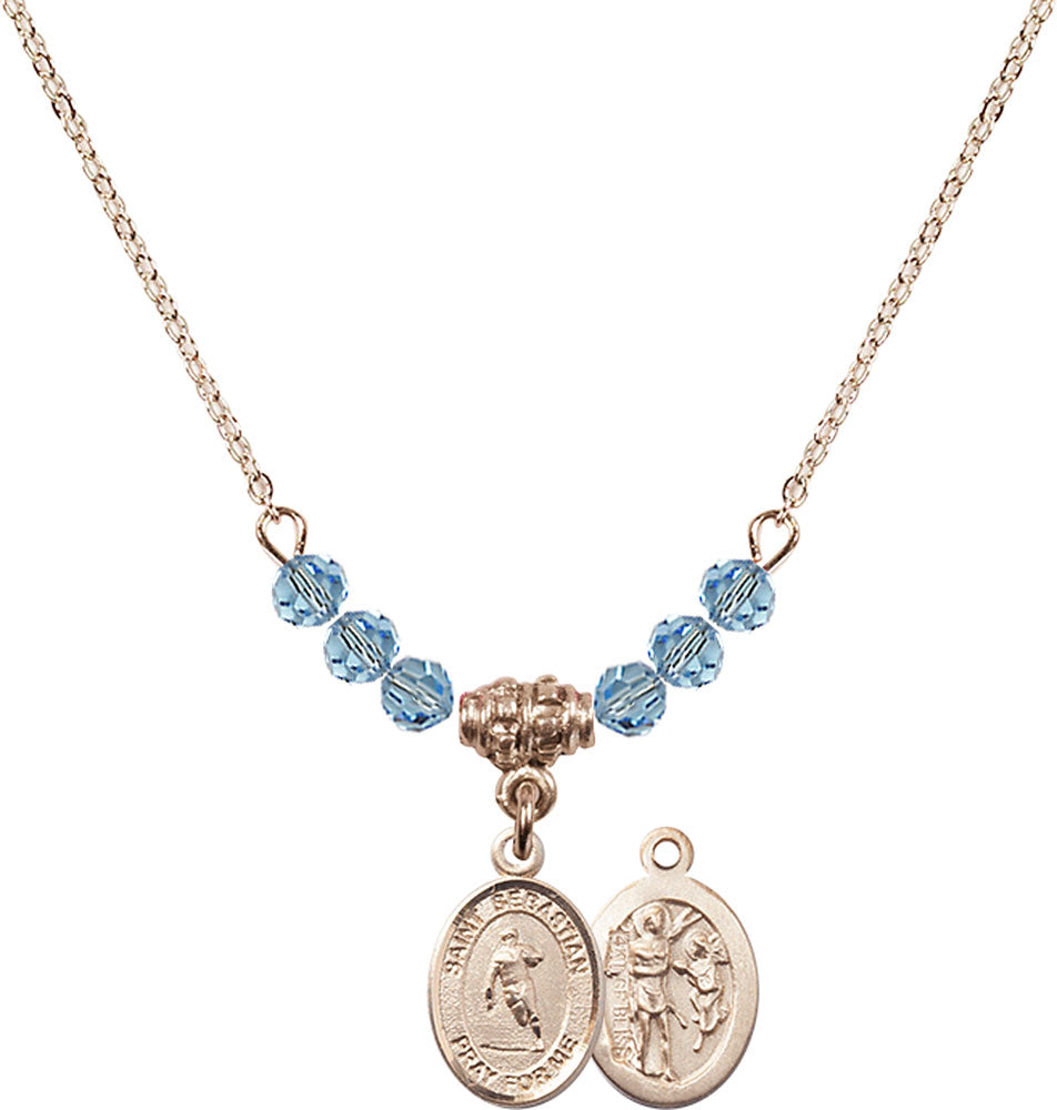 14kt Gold Filled Saint Sebastian / Rugby Birthstone Necklace with Aqua Beads - 9187