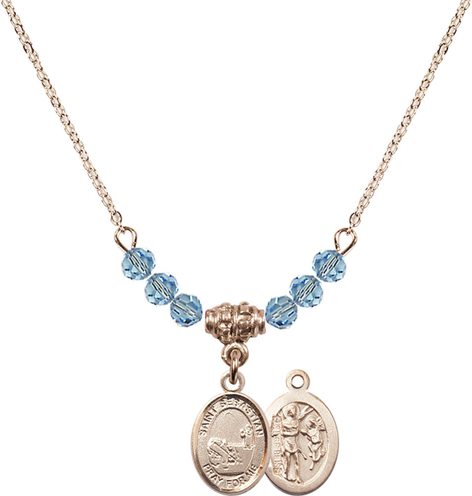 14kt Gold Filled Saint Sebastian / Fishing Birthstone Necklace with Aqua Beads - 9188