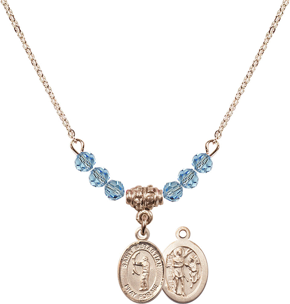 14kt Gold Filled Saint Sebastian / Archery Birthstone Necklace with Aqua Beads - 9189