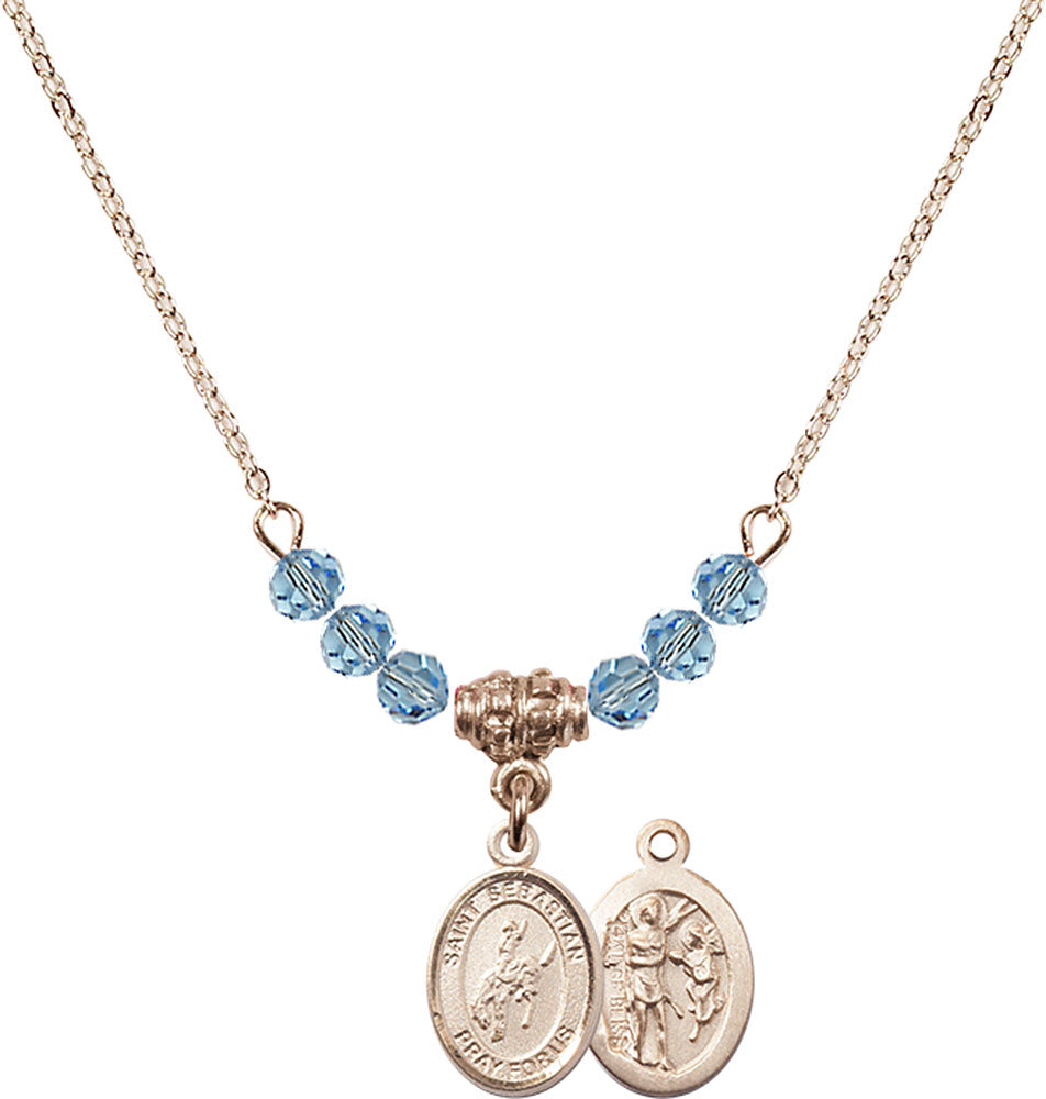 14kt Gold Filled Saint Sebastian / Rodeo Birthstone Necklace with Aqua Beads - 9191