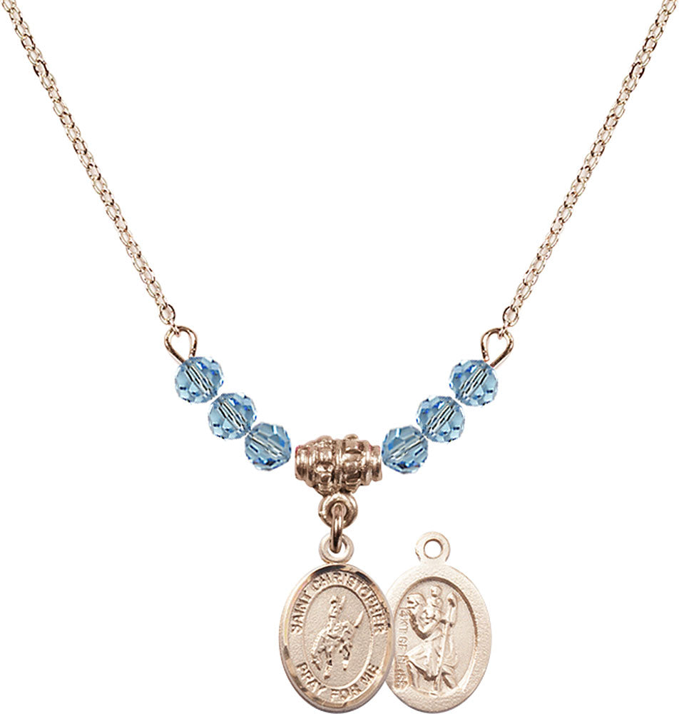 14kt Gold Filled Saint Christopher / Rodeo Birthstone Necklace with Aqua Beads - 9192