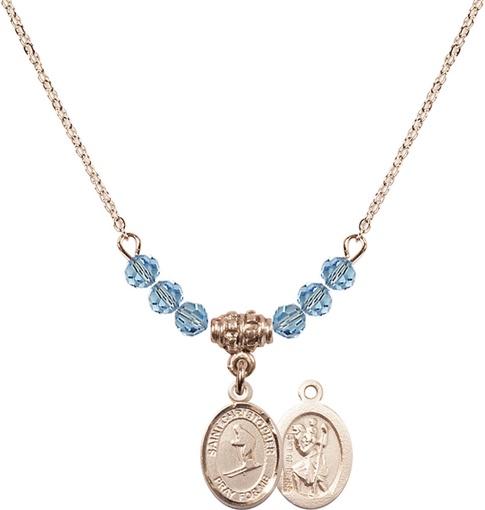 14kt Gold Filled Saint Christopher / Skiing Birthstone Necklace with Aqua Beads - 9193