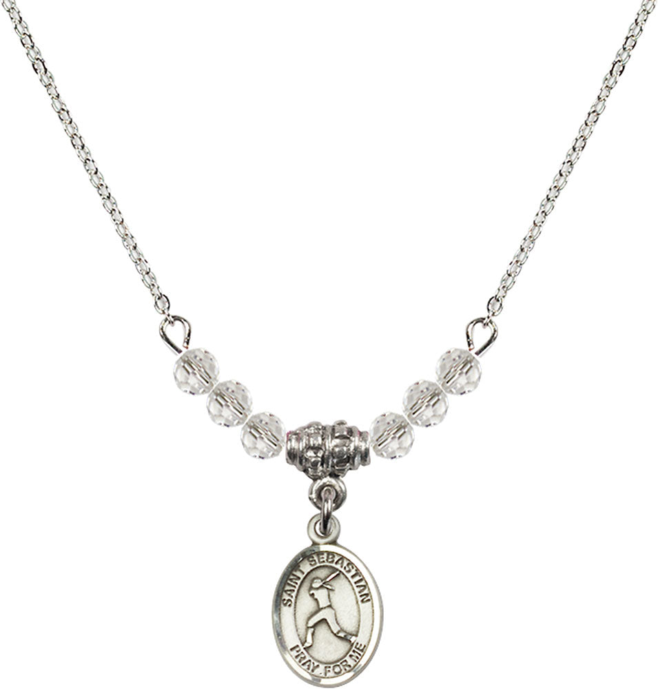 Sterling Silver Saint Sebastian/Softball Birthstone Necklace with Crystal Beads - 9183