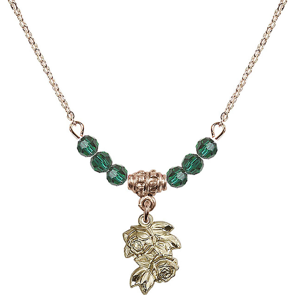 14kt Gold Filled Rose Birthstone Necklace with Emerald Beads - 0204