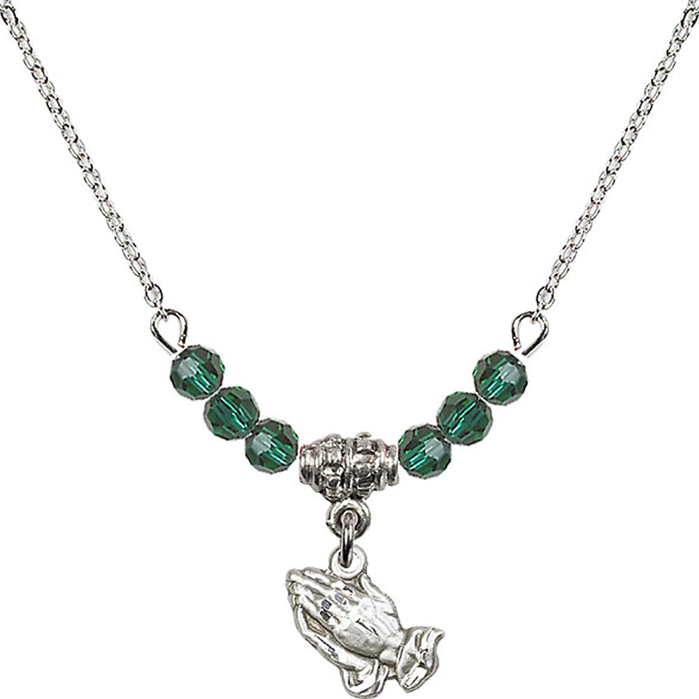 Sterling Silver Praying Hands Birthstone Necklace with Emerald Beads - 0220