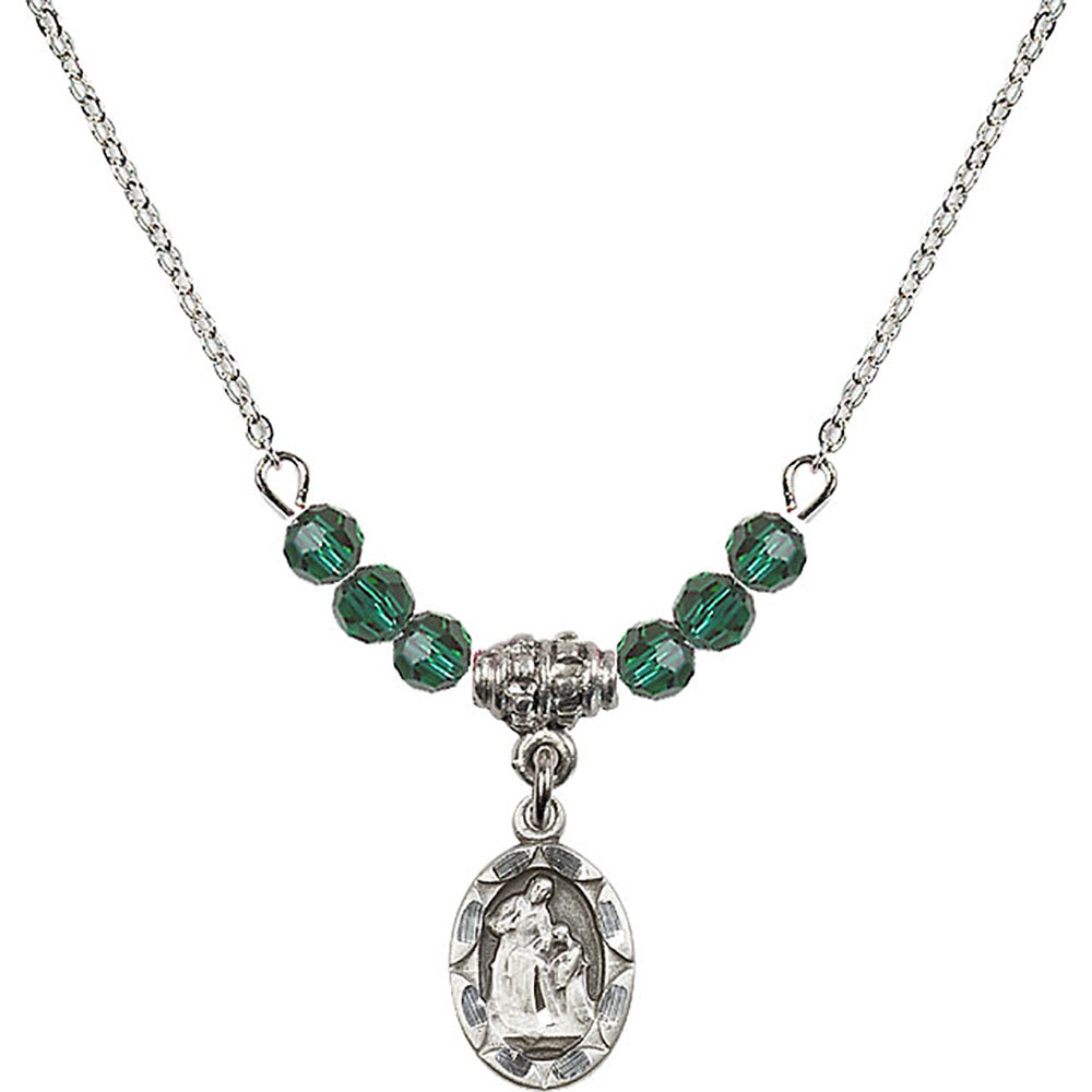 Sterling Silver Saint Ann Birthstone Necklace with Emerald Beads - 0301