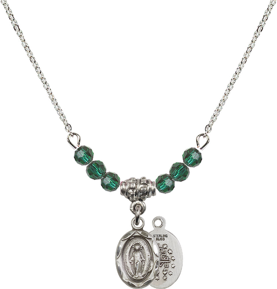 Sterling Silver Miraculous Birthstone Necklace with Emerald Beads - 0301