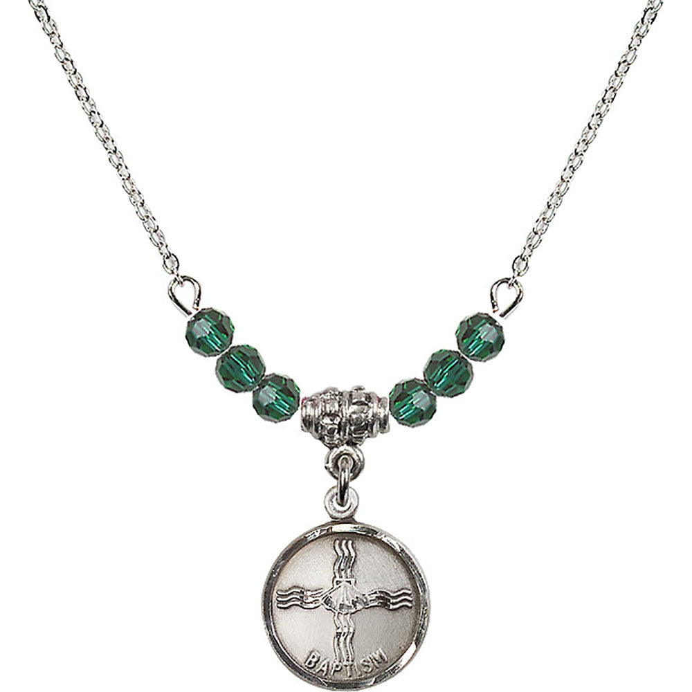 Sterling Silver Baptism Birthstone Necklace with Emerald Beads - 0601