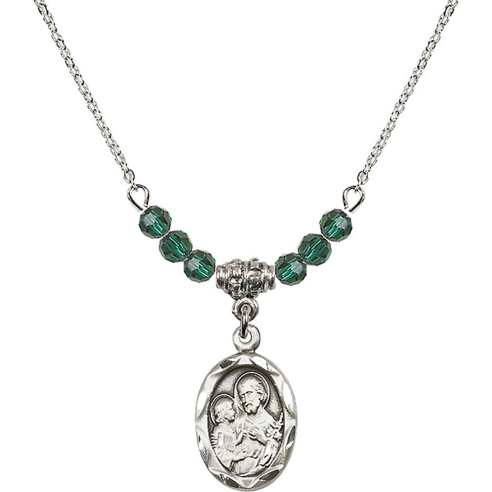 Sterling Silver Saint Joseph Birthstone Necklace with Emerald Beads - 0612