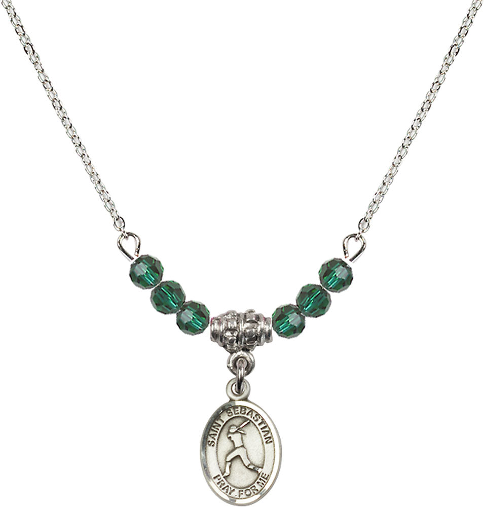 Sterling Silver Saint Sebastian/Softball Birthstone Necklace with Emerald Beads - 9183