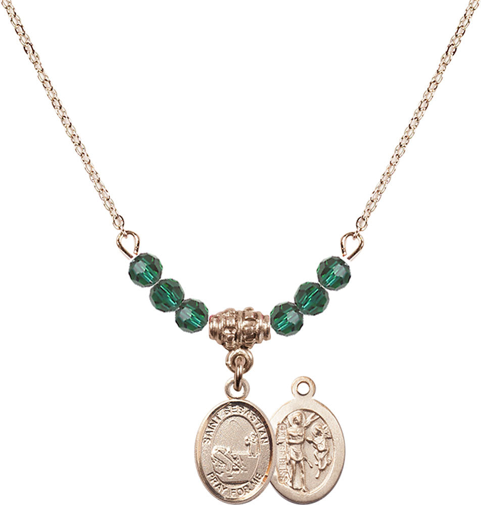 14kt Gold Filled Saint Sebastian / Fishing Birthstone Necklace with Emerald Beads - 9188