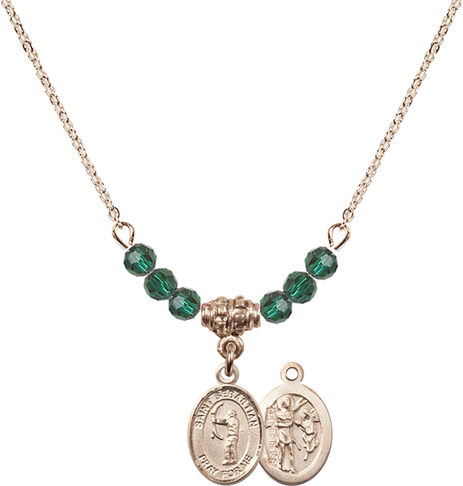 14kt Gold Filled Saint Sebastian / Archery Birthstone Necklace with Emerald Beads - 9189