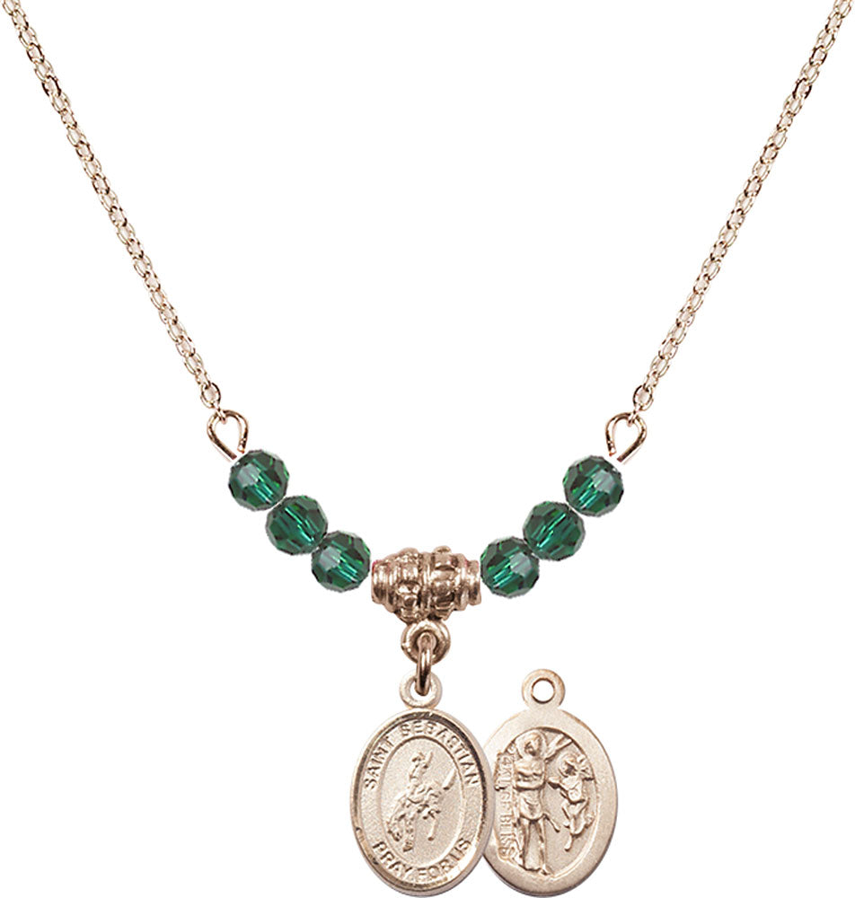 14kt Gold Filled Saint Sebastian / Rodeo Birthstone Necklace with Emerald Beads - 9191