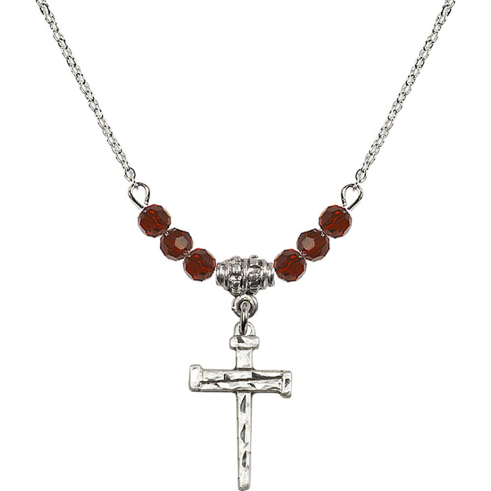 Sterling Silver Nail Cross Birthstone Necklace with Garnet Beads - 0012