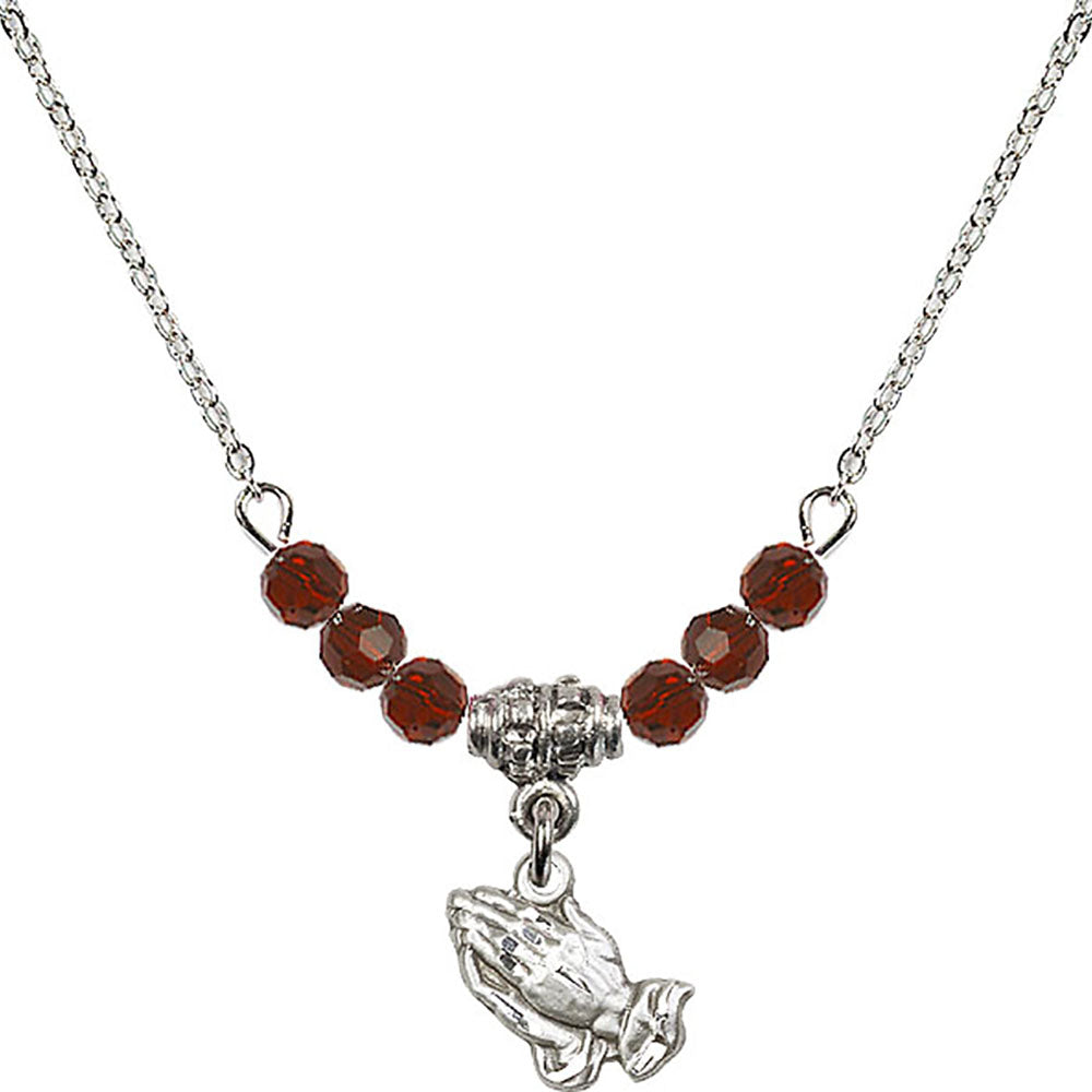 Sterling Silver Praying Hands Birthstone Necklace with Garnet Beads - 0220