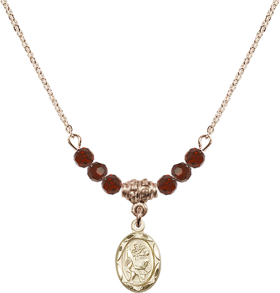 14kt Gold Filled Saint Christopher Birthstone Necklace with Garnet Beads - 0301