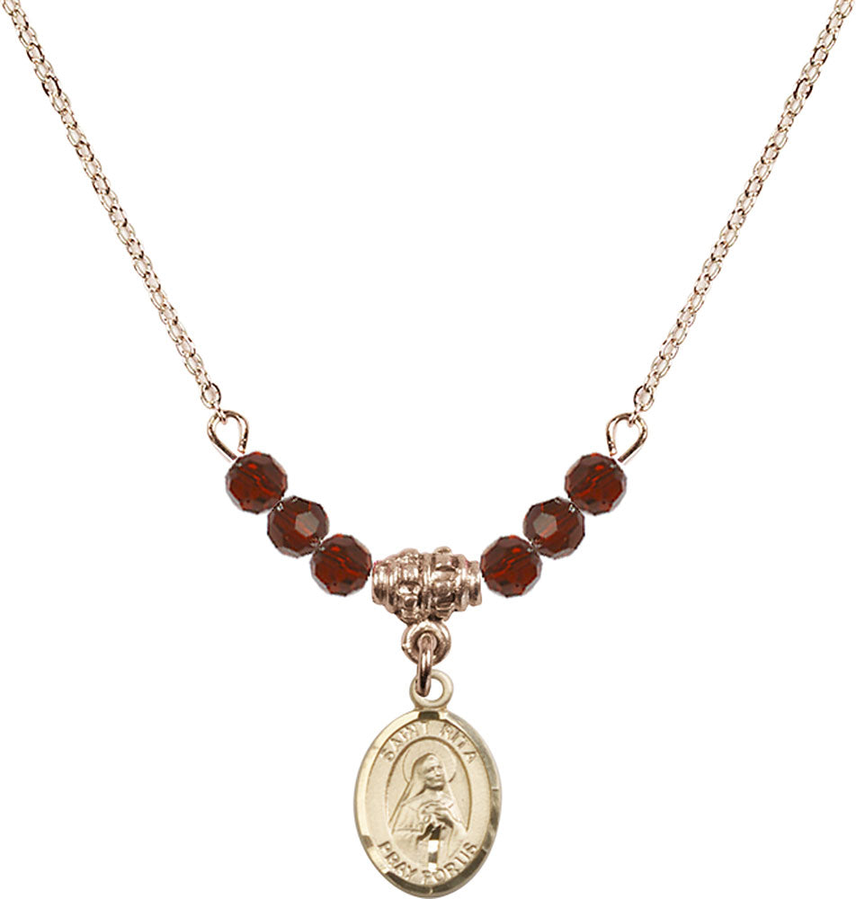 14kt Gold Filled Saint Rita / Baseball Birthstone Necklace with Garnet Beads - 9181