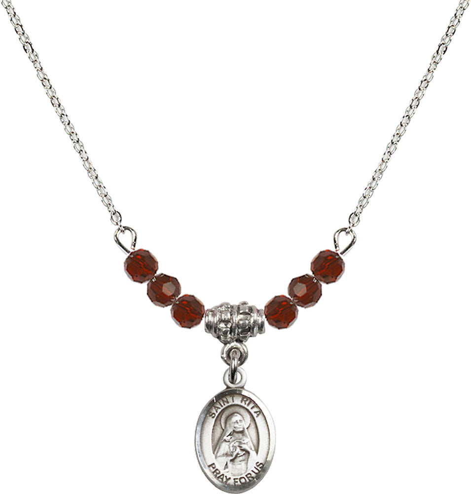 Sterling Silver Saint Rita / Baseball Birthstone Necklace with Garnet Beads - 9181