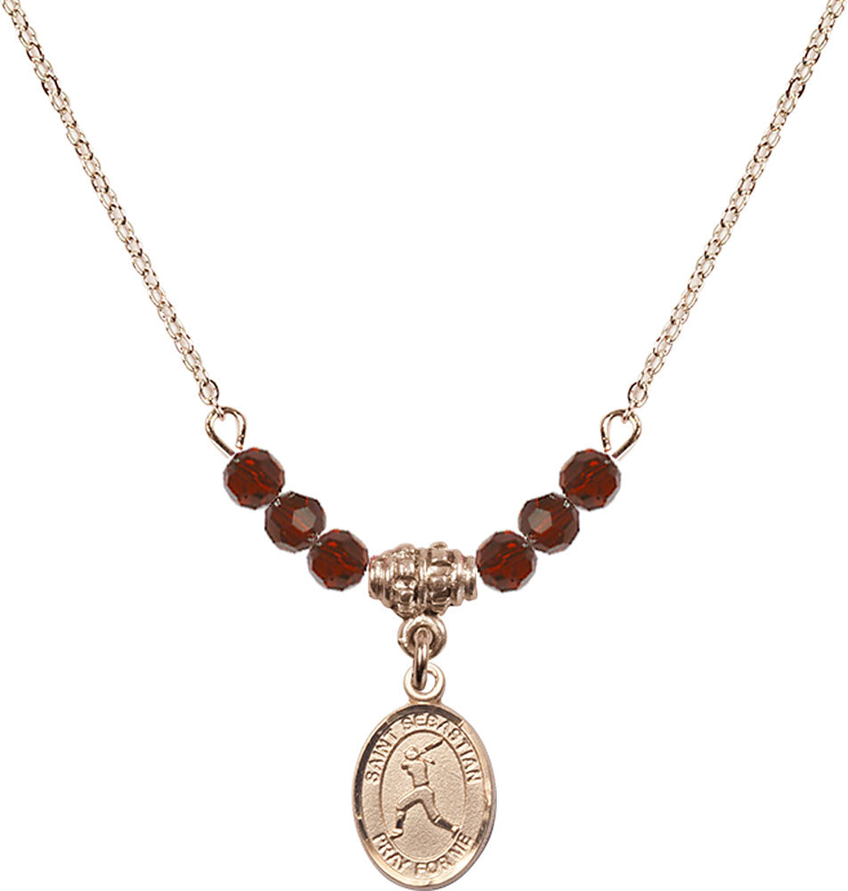 14kt Gold Filled Saint Sebastian/Softball Birthstone Necklace with Garnet Beads - 9183