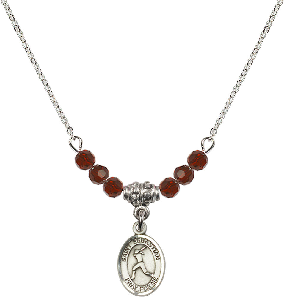 Sterling Silver Saint Sebastian/Softball Birthstone Necklace with Garnet Beads - 9183