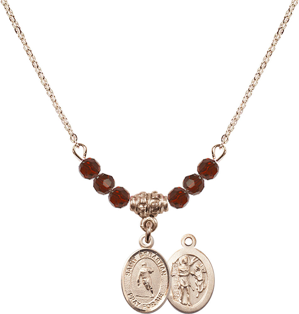 14kt Gold Filled Saint Sebastian / Rugby Birthstone Necklace with Garnet Beads - 9187