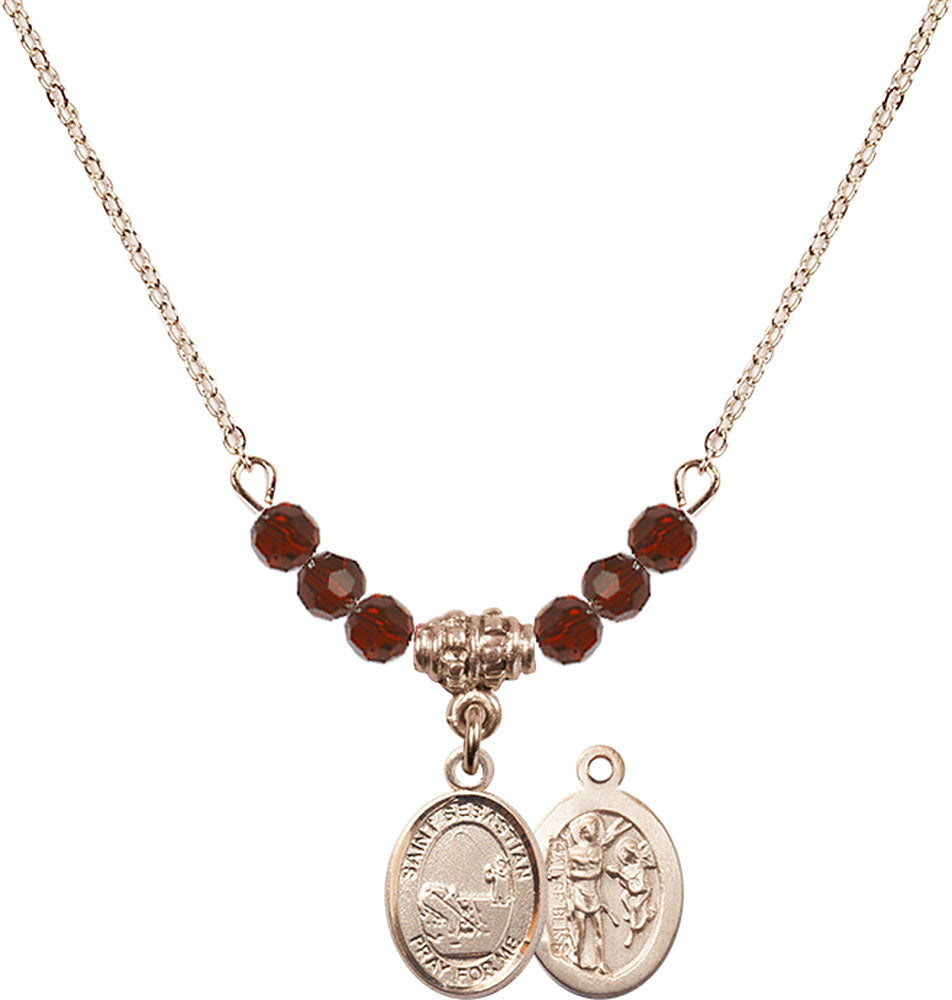 14kt Gold Filled Saint Sebastian / Fishing Birthstone Necklace with Garnet Beads - 9188