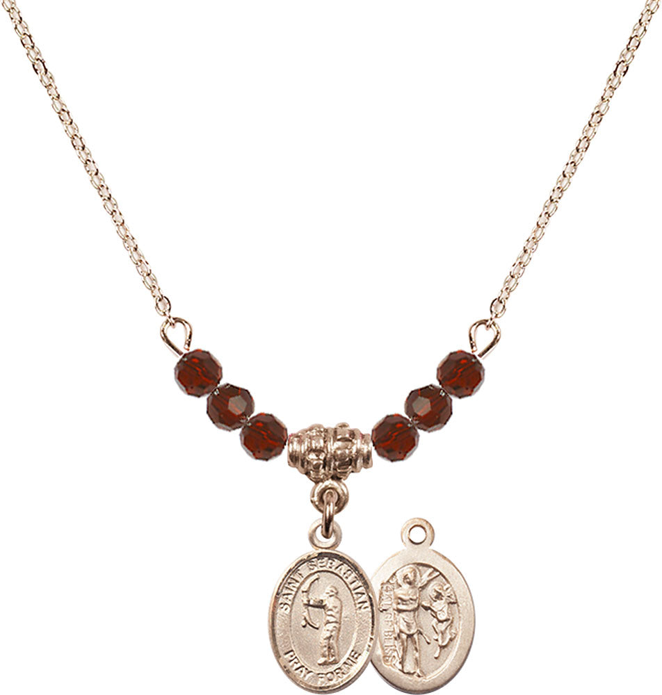 14kt Gold Filled Saint Sebastian / Archery Birthstone Necklace with Garnet Beads - 9189